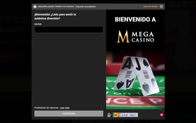 Pantalla de registro Casino Mega España